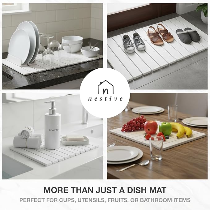 Large Stone Dish Drying Mat for Kitchen Counter 24x16 Fast Drying Collapsible Diatomaceous Earth Mat Super Absorbent Folding Mat for Dishes Bottles Glass Heat-Resistant Non-Slip (White)