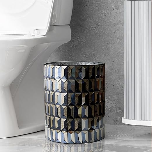 Escenzy Modern Bathroom Trash Can Mosaic Glass 6L | Decorative Small Garbage Can | 8 x 10 | Luxury Waste Basket for Restroom Office Bedroom &amp Kitchen | Shiny Black and Gold Bathroom Accessorie