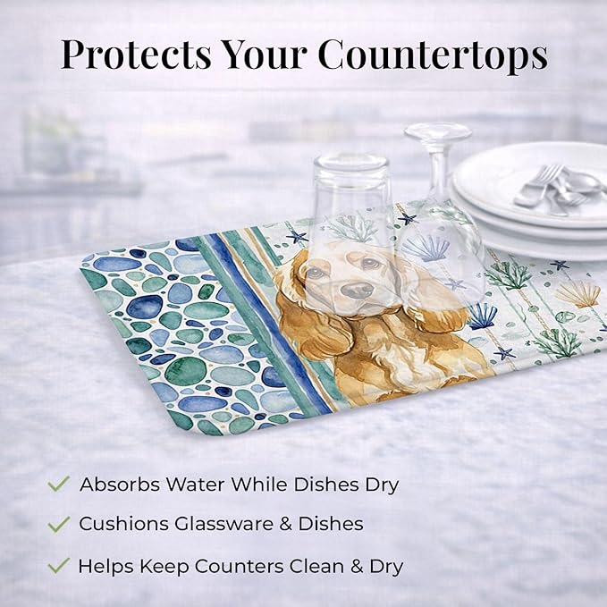 Caroline's Treasures Buff Cocker Spaniel Coastal Sea Glass Dish Drying Mat Absorbent Dish Drying Mat Pad for Kitchen Counter Dish Drainer Mat for Countertop 14 x 21 Multicolor