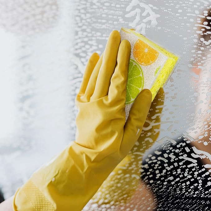 CELOX Grout Brush with Long Handle and 6 Pack Lemon Printed Dual Sided Scrub Dish Sponges