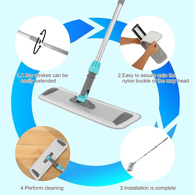 Microfiber Mop Floor Cleaning Mop Flat Mop with Stainless Steel Handle 4 Reusable Washable Mop Pads for Hardwood Laminate Tile Floor Cleaning