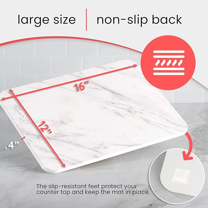 Stone Drying Mat for Kitchen Counter – Diatomaceous Earth Dish Drying Stone (White Marble) – Modern Countertop Drying Rack – Water Absorbent Heat Resistant Non-Slip Kitchen Mat with Towel (16x12)