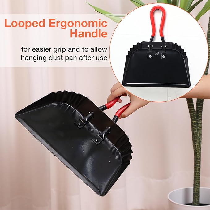 Uiifan 4 Pcs Industrial Metal Dustpans 12 Heavy Duty Dust Pan with Handle Commercial Dustpan Wide Scooper Dust and Debris Sweeping Tool Precision Edge Rubber Grip Loop Handle (Black)