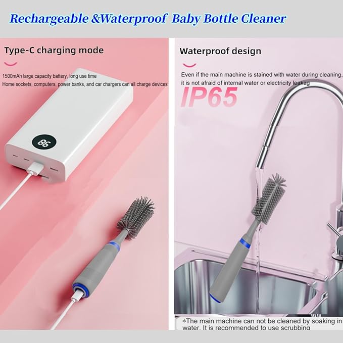 Electric Baby Bottle Cleaner with Drying Rack Silicone Bottle Brush Set Easy-Grip Handle Rechargeable/Waterproof Spinning Brush Grey