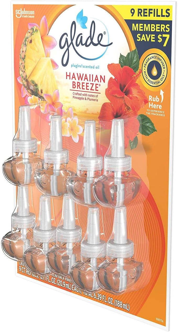 Glade PlugIns Scented Oil Refill Essential Oil Infused Wall Plug in 6.39 fl. oz 9 ct. (Hawaiian Breeze)