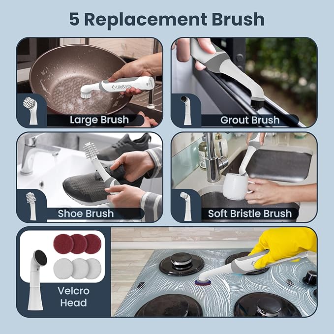 LifeBasis Rechargeable Power Scrubber Cordless Electric Cleaning Brush Water Resistant Small Electric Grout Brush with 5 Brushes for Home/Kitchen/Bathroom/Grout/Tile/Shower/Tub White