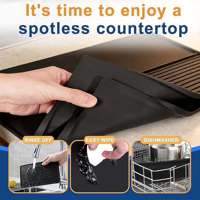 Mrcrypos Silicone Coffee Mat 16X24in Black - Non-Slip Espresso Countertop Mat Spill Proof Coffee Bar Mat for Kitchen Station with Detachable Dish Drying Mats Fit Cafes &amp Office Countertops