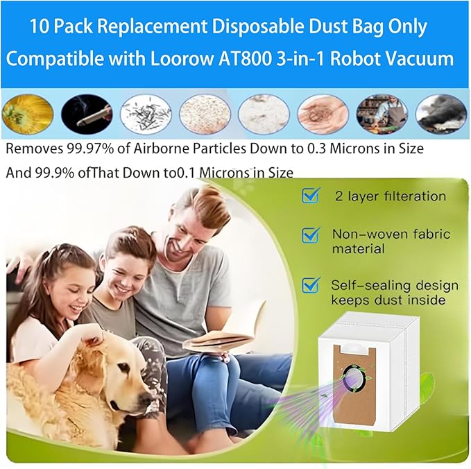 Dust Bags Replacement for Loorow AT800 3-in-1 Robot Vacuum Cleaner Include 10 Pack Vacuum Bags (Incompatible model: Giomre AT800）