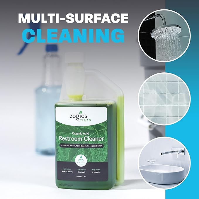 Zogics Organic Acid Restroom Cleaner 32 oz Bottle Makes up to 16 Quarts - Meets ECOLOGO Standards