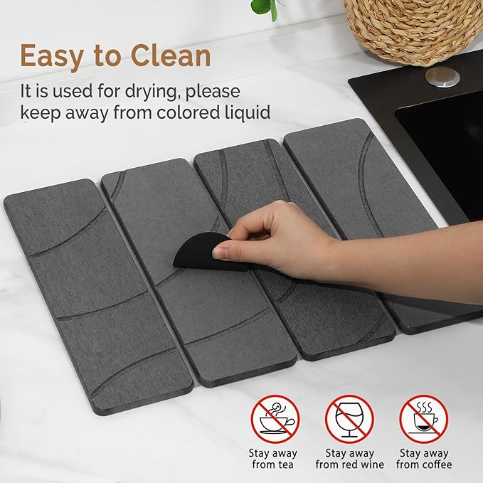 Small Stone Dish Drying Mat for Kitchen Counter 2 PCS 16×12 &amp 8x4 Quick Dry Stone Mats Foldable Water Absorbing Diatomite Drying Dish Pad for Countertop Bottles Utensils Cups(Carved Gray)