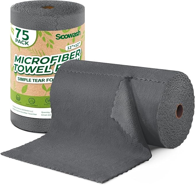 Microfiber Cleaning Cloths Roll 75 Pack Tear Away Microfiber Towels Roll 12 x 12 Lint Free Rags Reusable Cleaning Cloths Washable Scratch FreeUltra Absorbent Dish Rags(Dark Grey)