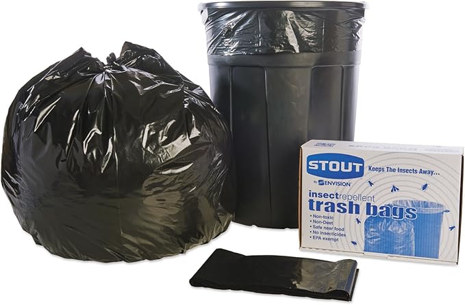 Stout P3752K20 Insect-Repellent Trash Garbage Bags 55gal 2mil 37 x 52 Blk 65/Box