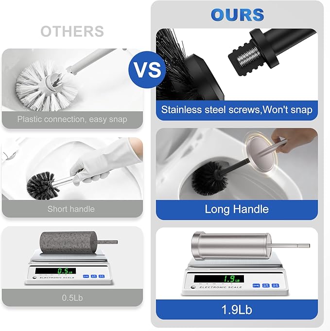 Brushed Nickel Toilet Brush and Holder Set 304 Stainless Steel Toilet Brush for Bathroom Heavy Duty Toilet Bowl Brush with Holder Removable Inner Bowl and Splash Protection Long Handle