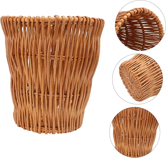 Unomor 1pc Woven Wastebasket Rattan Trash Can for Bathroom Bedroom Office Compact Design Stylish Decorative Storage Container Natural Diameter Height
