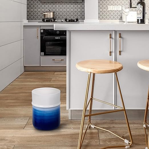 Decorative Round Small Trash Can Wastebasket Garbage Container Bin for Bathrooms Powder Rooms Kitchens Home Offices-Hand Painted Navy BlueCeramic
