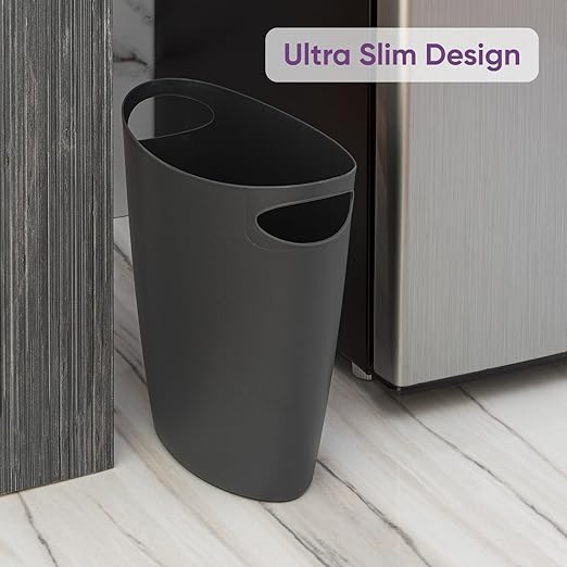Superio Slim Bathroom Trash Can 2 Gallon Plastic Small Compact Waste Basket for Bedroom Dorm Under Office Desk Narrow Portable RV Dustbin 4 Grey