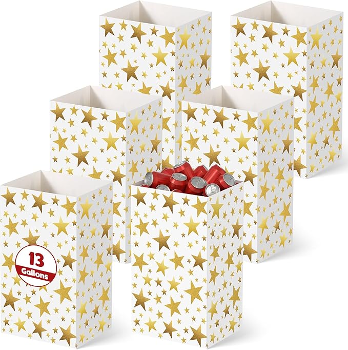 Tinlade 6 Pack 13 Gallon Gold Star Disposable Trash Cans Extra Large Thickened Waterproof Reusable Garbage Bins Foldable Pop up Recycling Bins for Graduation Holiday Party School Gatherings