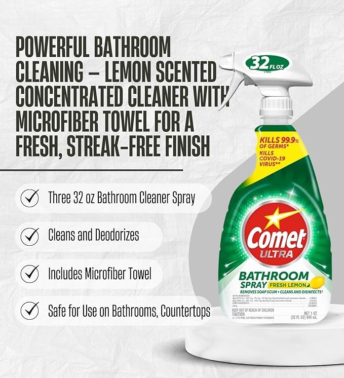 Comet Ultra Lemon Scent Concentrated Bathroom Cleaner Spray 32 oz (3-Pack) Bundle with Microfiber Cleaning Cloth – Dissolves Soap Scum Disinfects and Cleans Stains – Gift Set (4 Items)