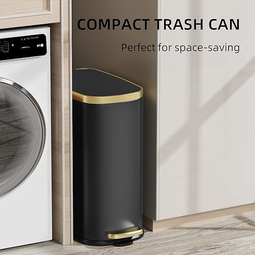 KUK Small Bathroom Trash Can with Lid Soft Close Step Pedal 2.6 Gal Stainless Steel Garbage Can with Removable Inner Bucket Anti-Fingerprint Wastebasket for Office Bedroom Toilet (Black)