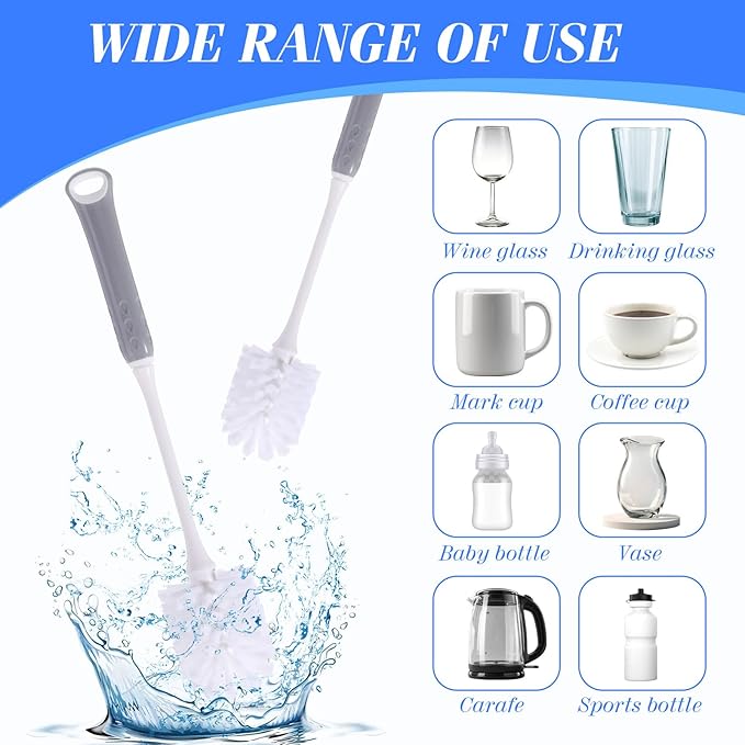24 Pack Long Handle Bottle Brush 12.8 Inch Water Bottle Cleaning Brush Flexible Scrub Long-Lasting Bristles for Water Cups Glasswares Mugs Flat Handle