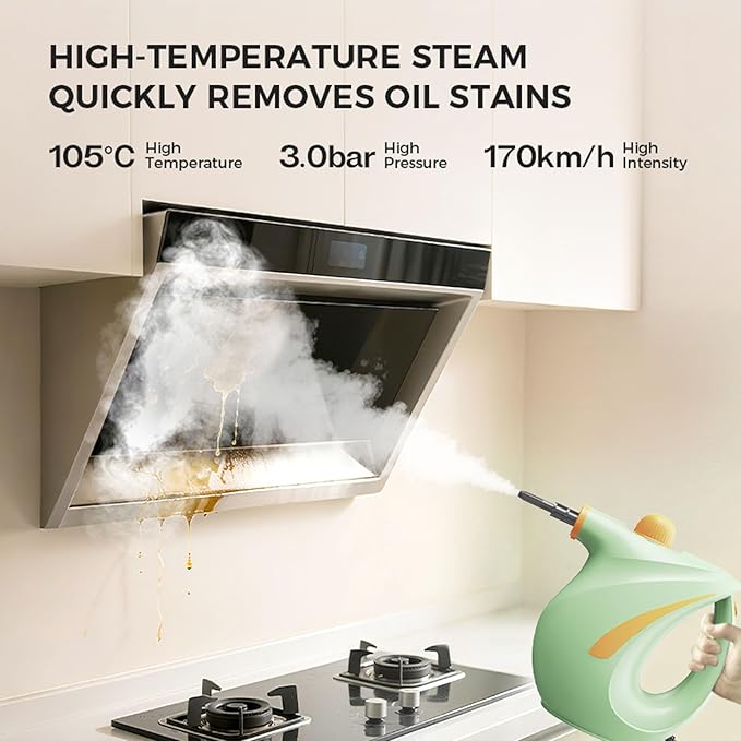 Handheld Steam Cleaner 1200W 3.0 Bar Pressure 105 degree High Temperature Portable Cleaning Steamer with Lid &amp Measuring Cup for Cleaning Tile Window Bathroom Home (green)