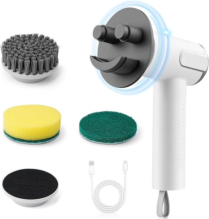 Electric Spin Scrubber Compatible with Scrub Daddy/Mommy Coinicxcel 2-Speed Option IP7X Waterproof Smile Sponge Dish Wand Holder with 4 Replaceable Heads Lightweight for Oven/Stove/Sink
