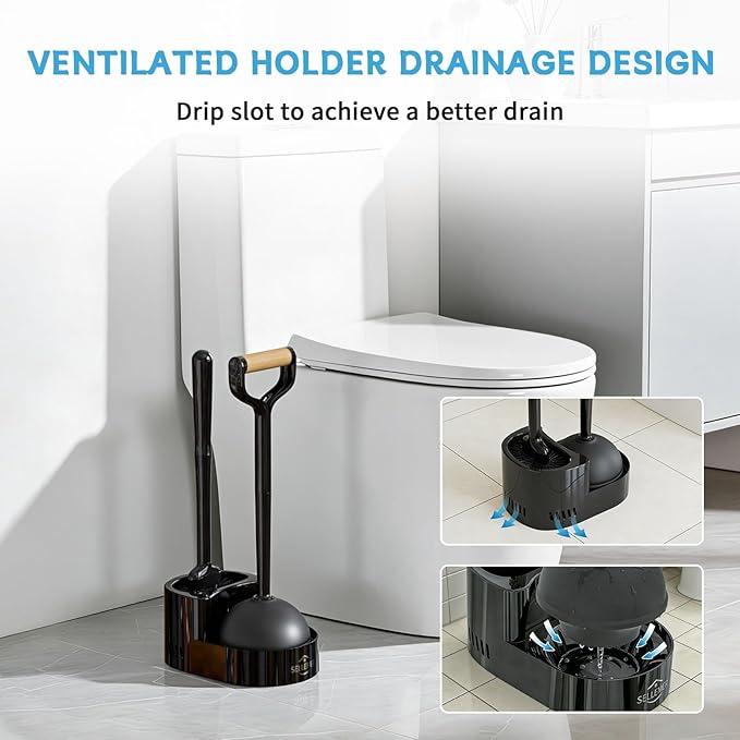 Sellemer Toilet Brush and Plunger Set Curved Design Head for Deep Cleaning Heavy Duty Toilet Bowl Brush and Plunger Combo with Holder for Bathroom Cleaning Black 1 Pack