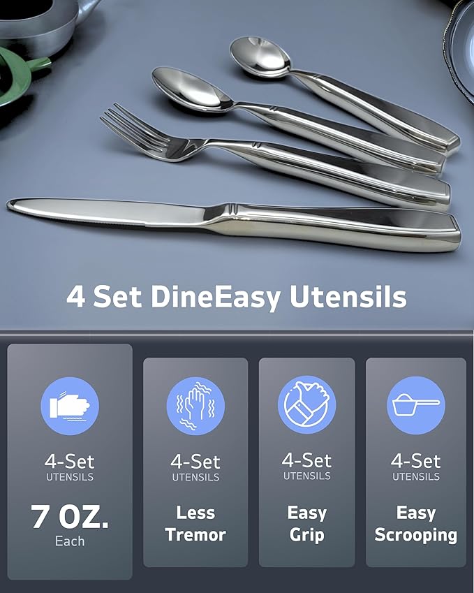 4-Piece Weighted Utensils for Tremors and Parkinson's (7 oz Each) - Weighted Silverware for Hand Tremors Adaptive Utensils for Elderly