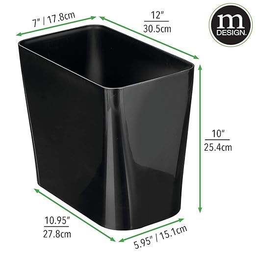 mDesign Plastic Small 3-Gallon Wastebasket Trashcan Container Bin - for Bathroom Bedroom Kitchen Home Office Laundry Room - Holds Trash Garbage Waste - Black