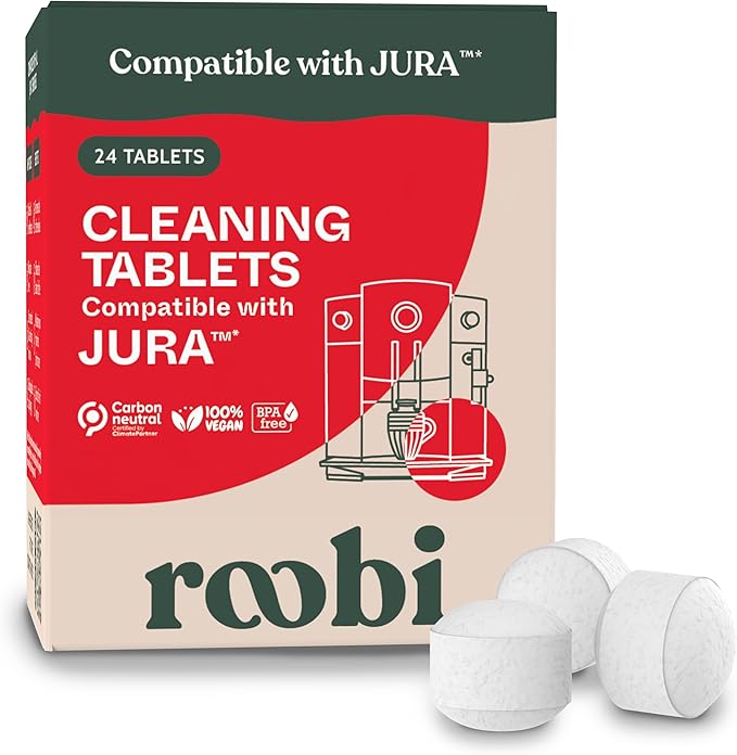 Roobi Compatible Cleaning Tablets for Jura. 24 Jura Cleaning Tablets for Automatic Espresso Coffee Machines. 100% Vegan Carbon Neutral.