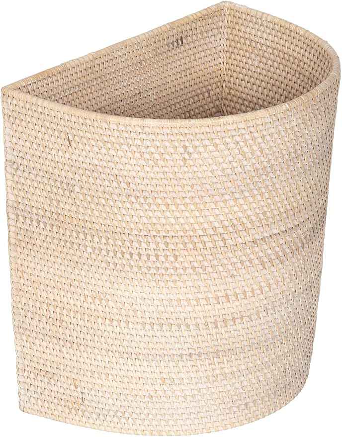 KOUBOO Laguna Half-Moon Rattan Waste Basket – Decorative Trash Can for Bathroom Bedroom Kitchen &amp Office – Boho Home Decor Small Wicker Basket for Trash Storage Off-White/Latte
