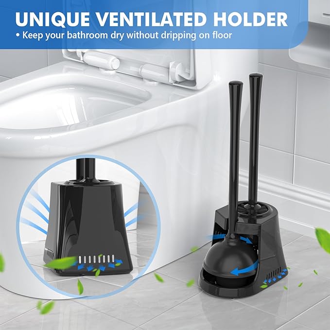 Toilet Plunger and Brush Bowl Brush and Heavy Duty Toilet Plunger Set with Ventilated Holder 2-in-1 Toilet Brush and Plunger Combo for Bathroom Cleaning (2 Black)