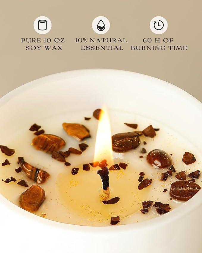 AOOVOO Macchiato Coffee Scented Candles for Women - Aromatherapy Candle with Crystals Inside 10oz 60H Burning Time Soy Candles for Home Scented Birthday Gifts Valentines Day Candle for Women Mom