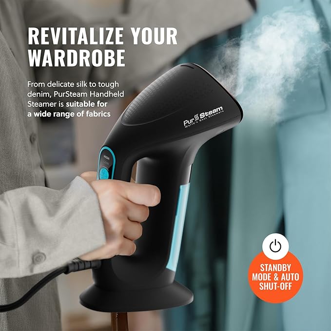 PurSteam SteamPulse Pro Handheld Steamer for Clothes Portable Handheld Fabric and Garment Travel Steamer Iron Press Wrinkle Remover with Fabric Brush