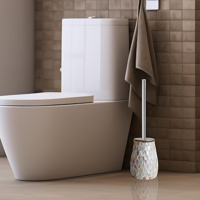 Escenzy Modern Toilet Brush and Holder Set | Natural Shell Mosaic Glass | Non-Rustic Stainless Steel | Practical &amp Decorative Toilet Bowl Brush and Holder | Luxury Bathroom Accessories