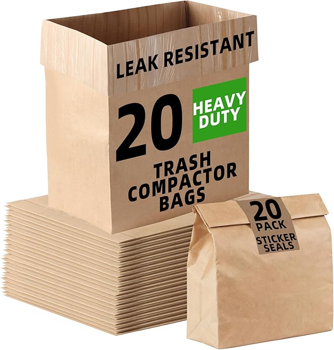 (20-Pack) Calvana Super Strong Compactor Bags Heavy-Duty Kitchen Paper Trash Bags with Leak Proof Plastic Liner Fits GE Model Compactors with Rectangular Containers Includes 20 Sticker Seals