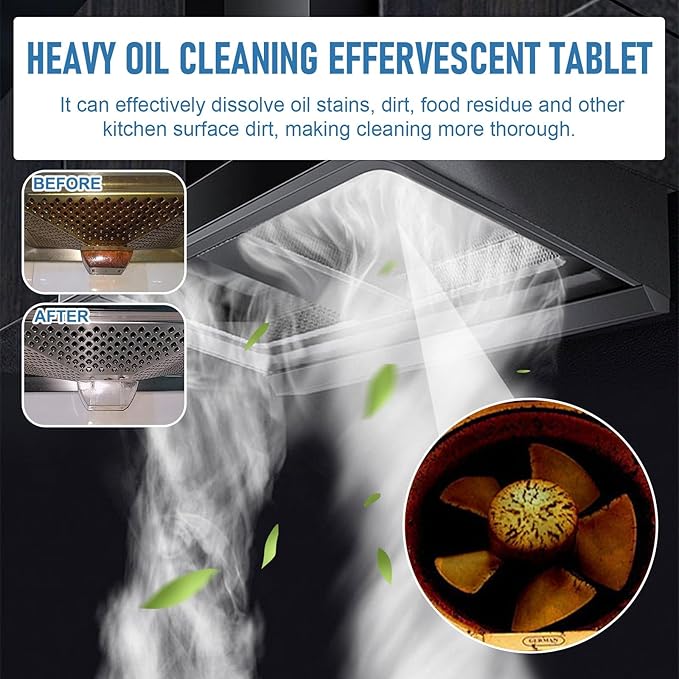 Kitchen Cleaning Effervescent Tablets 1 Tub - Multi-Purpose For Grease Removal On Stoves Range Hoods Walls(2PCS)