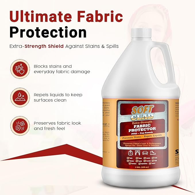 Extra Strength Fabric Protector Spray Prevents Stains and Repels Liquids. SoftClad Guards Furniture Shoes Carpet Upholstery Suede Leather Couch. Safe for Indoor Use. PFAS Free Formula. 1 Gallon