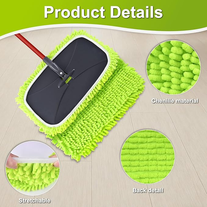 Mops for Floor Cleaning Dust Mop for Hardwood Floors Extra Large Floor Mop with Extendable Handle and 3 Reusable Chenille Mop Pads Flat Dust Mops for Hardwood Marble Vinyl Tile Floors Cleaning