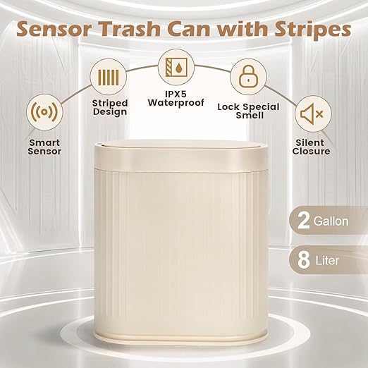 Bathroom Trash Can with Lid Automatic 2 Gallon Sensor Trash Bin 7.5 Liter Smart Rubbish Bin Motion Sensor Waterproof Bathroom Decor Plastic Narrow Garbage Can for Bedroom Office Beige