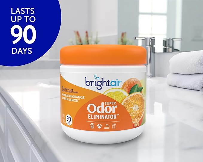 Bright Air 14 oz. Super Odor Eliminator For Medium-Size Spaces Mandarin Orange and Fresh Lemon Scent Case of 6 Air Freshener Natural Essential Oils Lasts Up to 90 Days Each
