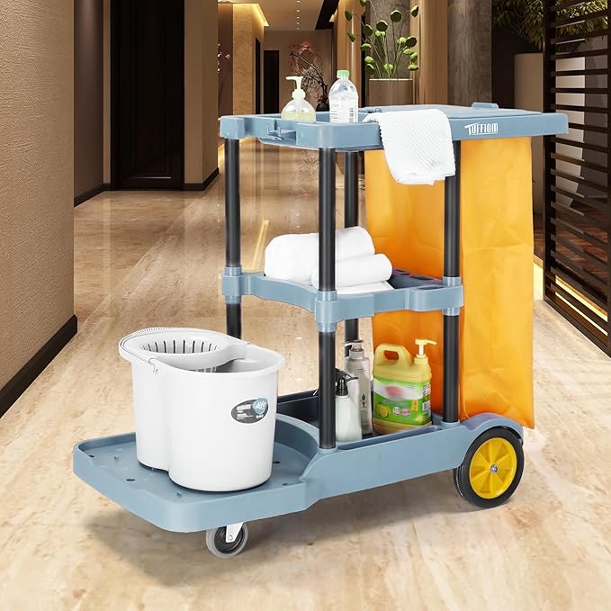 TUFFIOM Commercial Traditional Cleaning Janitorial 3-Shelf Cart 500 Lbs Capacity Housekeeping Cart 42.5 L x 18.7 W x 37.6 H Wheeled with 22 Gallon Yellow Vinyl Bag and Cover w lid Blue