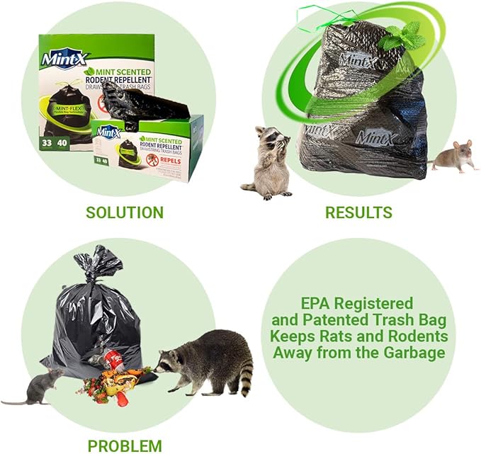 Mint-X Rodent Repellent Outdoor Home and Industrial Trash Bags with Drawstring &amp Mint-Flex Technology 33 Gallon 40 Count Black