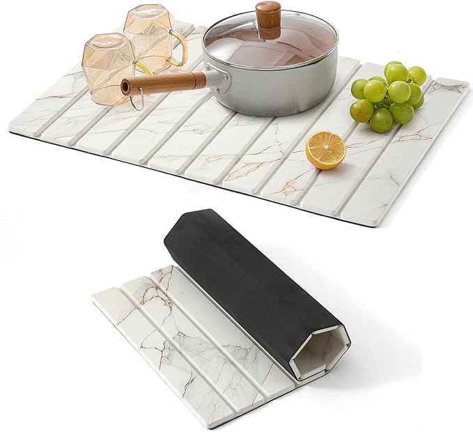 Large Stone Drying Mat for Kitchen Counter - 23.4 x 15.4 Quick Drying Foldable Dish Drying Mat - Super Absorbent Diatomaceous Earth Mat - Stone Dish Drying Mat for Cups Bottles
