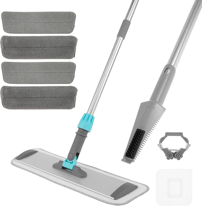 Microfiber Mop Floor Cleaning Mop Flat Mop with Stainless Steel Handle 4 Reusable Washable Mop Pads for Hardwood Laminate Tile Floor Cleaning