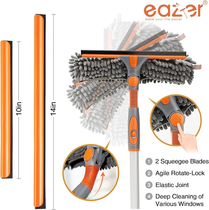 Eazer 89'' Squeegee Window Cleaner 2 in 1 Rotatable Window Cleaning Tool Kit with Extension Pole Window Washing Equipment with Bendable Head for Indoor/Outdoor Window and Car Glass