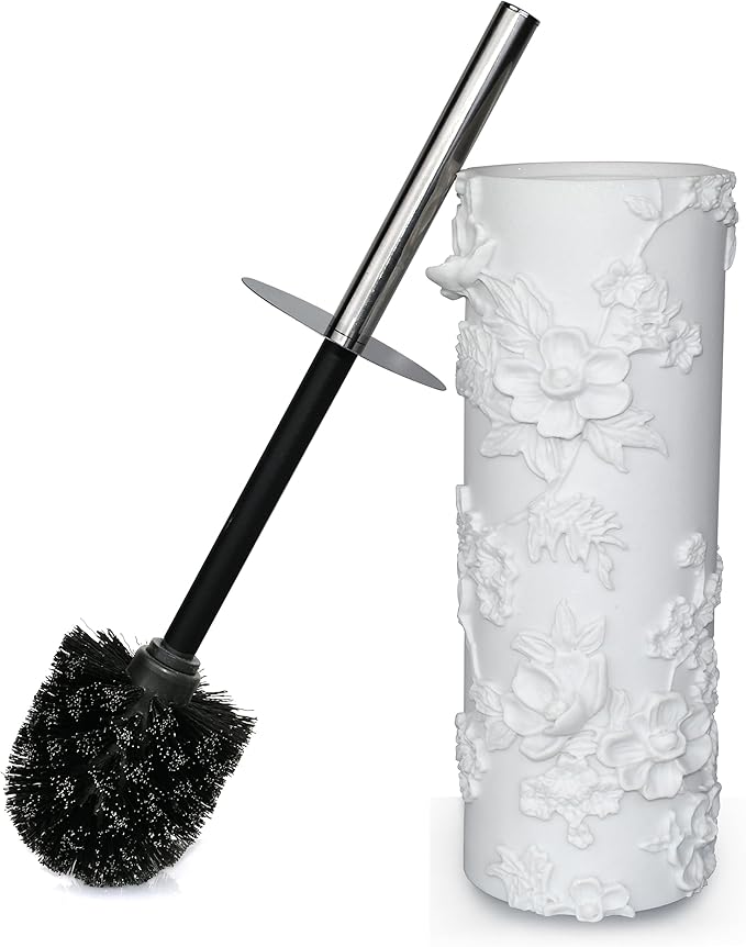 White Floral Branches Design Resin Toilet Bowl Brush and Holder Set Elegant Bathroom Cleaning Tool with Durable Bristles Compact and Functional