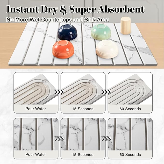 3PCS Set Large Stone Drying Mat for Kitchen Counter Foldable Collapsible Fast Drying Stone Dish Mat Water Absorbing Natural Diatomaceous Earth Bath Mat Quick Dry Stone Tray Bathroom Countertop Marble