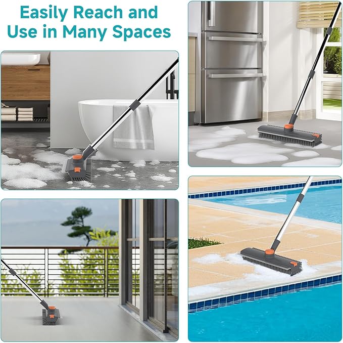 Floor Scrub Brush with Long Handle Length Adjustable 3 in 1 Heavy-Duty Stiff 90° Bristle Floor Scrubber Broom with Squeegee Cleaning Brush for Bathroom Garage Kitchen Tile Deck &amp Patio (Gray