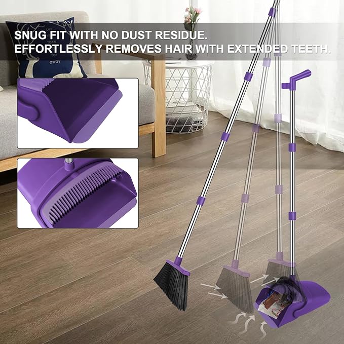 Purple Broom with Dustpan Combo Set 51 Long Handle Household Cleaning Tool Ideal Broom and Dustpan Set for Pet Hair and Home Use